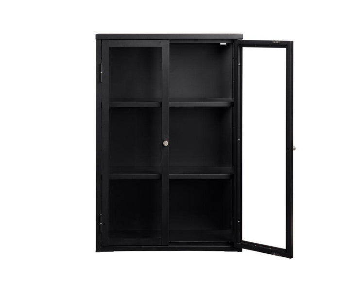 The Dion Tall Wall Cabinet is shown open to the right, featuring three shelves and a glass door. Its modern black design offers ample storage space and makes a striking statement against the plain white background. The cabinet is empty, ready for you to organize your belongings.
