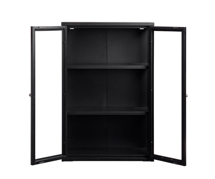 The Dion Tall Wall Cabinet, crafted in sleek black metal, features two glass doors swung open to display three empty shelves within. Its simple, modern design stands out against a white background—an ideal choice for adding extra storage and a contemporary touch to any room.