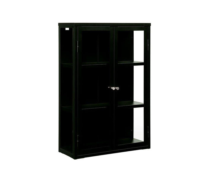 The Dion Tall Wall Cabinet, crafted in black wood with two glass doors, three interior shelves, and sleek metal handles, offers ample storage space while showcasing the clean lines and modern appeal of contemporary furniture. Photographed against a white background.