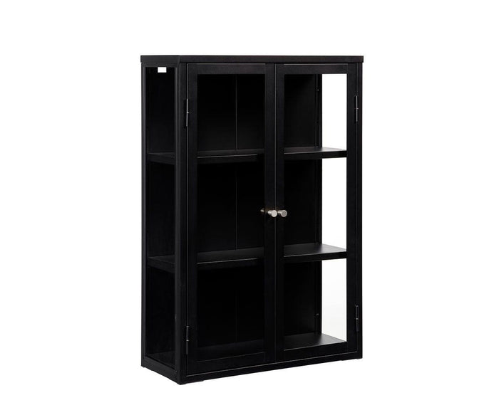 The Dion Tall Wall Cabinet features a black wooden frame with glass double doors and three spacious shelves, providing ample storage space. Set against a white background, this elegant wall cabinet serves as a striking addition to any modern furniture collection.