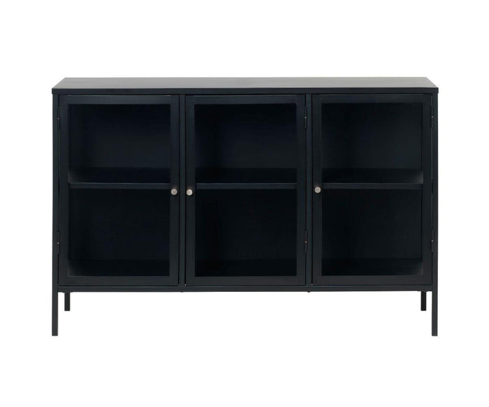 The Dion Three-Door Cabinet in black features a metal frame, tempered glass doors, and four short legs. Each of its three sections includes an interior shelf, offering two-tiered storage or display with a modern touch.