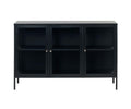 The Dion Three-Door Cabinet in black features a metal frame, tempered glass doors, and four short legs. Each of its three sections includes an interior shelf, offering two-tiered storage or display with a modern touch.
