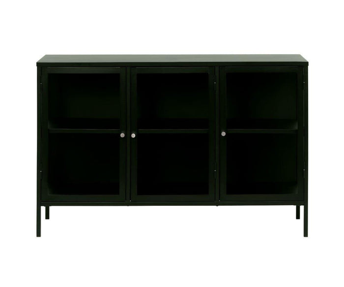 The Dion Three-Door Cabinet in Dark Forest Green features tempered glass doors, each with a small round handle and two interior shelves. This modern storage solution boasts a minimalist, contemporary design with four straight legs.