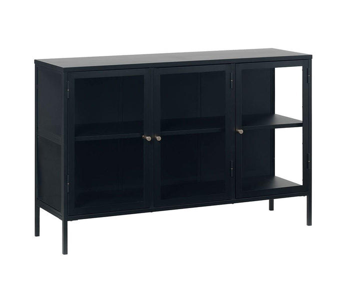 The Dion Three-Door Cabinet features a black metal frame with tempered glass doors and shelves, each door equipped with two knobs. Its rectangular silhouette stands on four legs and showcases a modern, minimalist design—making it an ideal choice for stylish, contemporary storage.