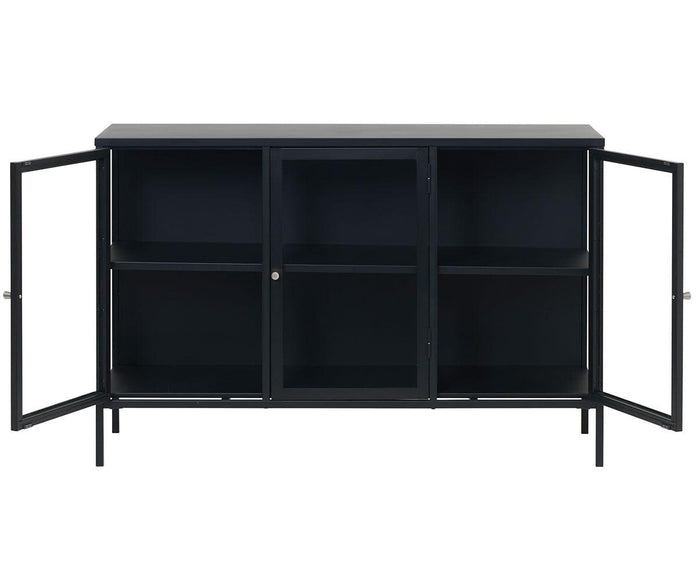 The Dion Three-Door Cabinet is a black metal storage piece with tempered glass doors and interior shelves, pictured here with the doors open. Featuring a minimalist modern design, this cabinet stands on four slim legs.
