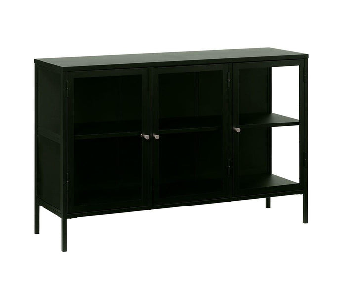 Dion Three-Door Cabinet in black metal featuring tempered glass doors, two interior shelves, and a minimalist design. This modern storage piece stands on four slim legs and is finished with simple round door handles.
