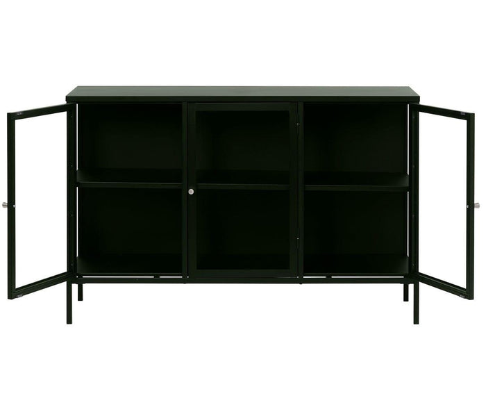 The Dion Three-Door Cabinet features three compartments and two open tempered glass doors, providing modern storage solutions with spacious interior shelves in a sleek black metal design.