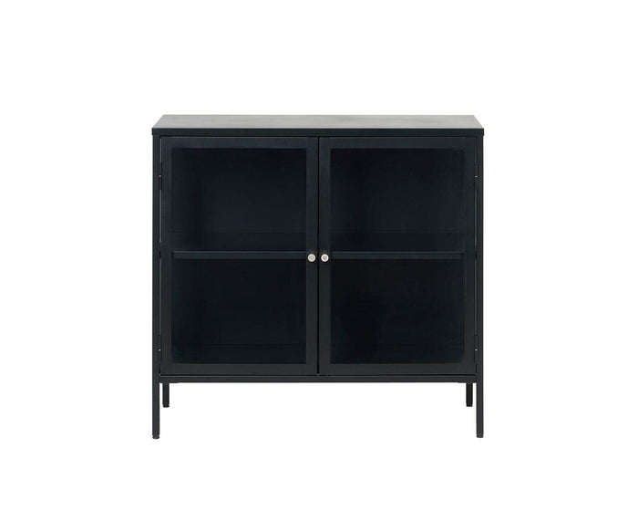 The Dion Two-Door Cabinet in black showcases a sturdy metal framework and modern tempered glass doors, with two interior shelves and four short legs. The cabinet is displayed against a plain white background.