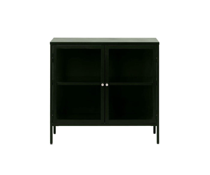 The Dion Two-Door Cabinet, shown in a rich dark forest green color, features a sleek metal framework and two tempered glass doors with a minimalistic design. Set against a plain white background, the modern cabinet has four visible compartments inside.