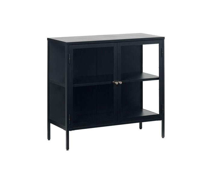 The Dion Two-Door Cabinet features a sturdy black metal framework, two tempered glass doors with simple silver knobs, a central shelf, and slim legs. Its modern, minimalist design makes it both stylish and functional.