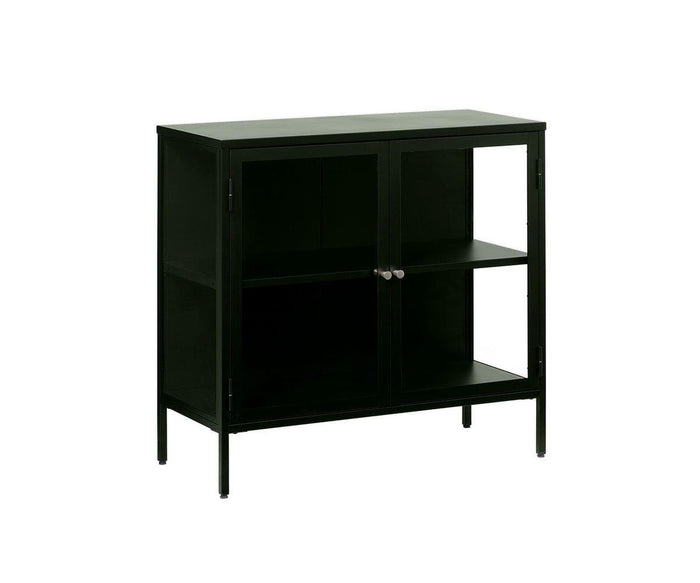 The Dion Two-Door Cabinet features a minimal, modern design with a sturdy black metal frame, tempered glass doors, and two silver handles. Inside, two shelves provide ample storage space, making it ideal for home or office use. Shown against a white background.
