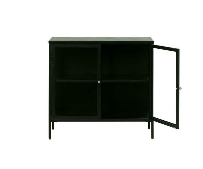 The Dion Two-Door Cabinet, crafted from sleek black metal with a sturdy framework, stands on four legs and offers two spacious shelves. On the right side, one of its tempered glass doors is open to reveal an empty interior. Set against a crisp white background, the cabinet’s modern design is boldly highlighted.