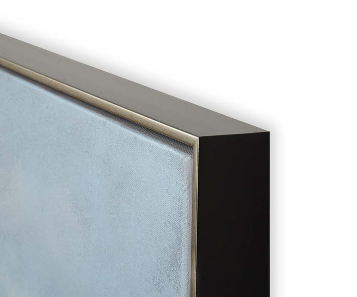 Close-up of the corner of the Distant Escape II Oil Painting, featuring a hand-painted canvas with a thin metallic inner frame and a thicker black outer frame, set against a white background.