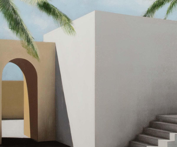 Immerse yourself in the calm, modern atmosphere of a tropical cityscape with the Distant Escape II Oil Painting. Featuring minimalist architecture—a white wall, gray stairs, and a tan archway beneath an open blue sky—this hand-painted canvas is accented by palm tree fronds that cast dynamic shadows above, evoking serenity and sophistication in any space.