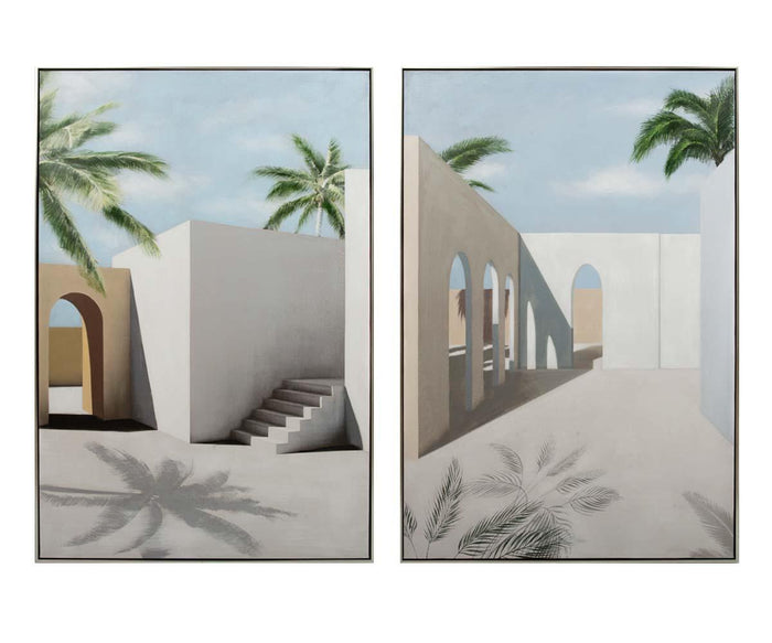 The Distant Escape II Oil Painting features two panels illustrating a sun-drenched courtyard with white walls, arches, stairs, and palm trees—embodying the allure of a tropical cityscape. Palm leaf shadows dance across the ground beneath a vivid blue sky dotted with soft clouds, all rendered in expressive oil textures on hand-painted canvas.