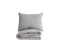 A folded grey Dobby Linework Duvet Cover with a matching sham, both showcasing a subtle square stitched pattern and small tufted accents that highlight artisanal craftsmanship, displayed against a white background.