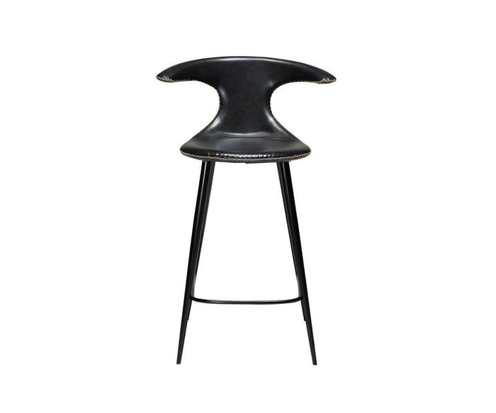 Drake Counter Stool in black, featuring a curved, winged backrest and slim metal legs that highlight modern Danish design, with sleek faux leather upholstery displayed against a white background.