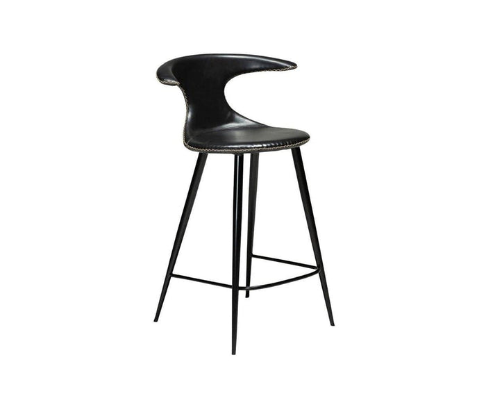 Drake Counter Stool featuring a black finish, curved backrest, and metal legs, showcasing a minimalist and sleek silhouette inspired by modern Danish design on a white background.