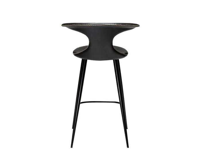 Introducing the Drake Counter Stool: a modern black bar stool inspired by contemporary Danish design, featuring a gently curved backrest, slim seat, and sleek metal legs. Upholstered in faux leather with decorative stitching along the edges, this minimalist piece is shown from the back against a white background.