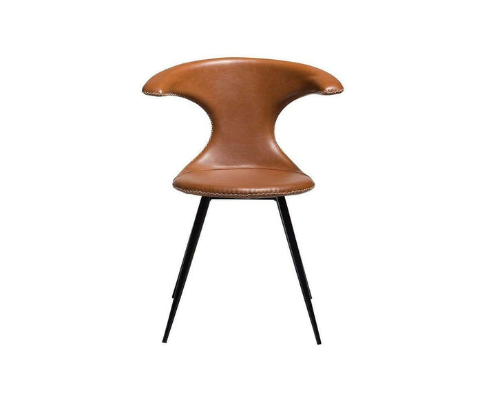 Introducing the Drake Dining Chair in brown, featuring a sculptural, contemporary design with a curved backrest and leather seat. Silver rivet details accent the edges, while three slender black legs complete its modern aesthetic—making it an ideal rustic industrial piece for stylish interiors.