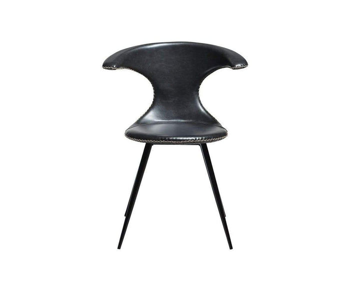 The Drake Dining Chair in black features a modern design with a curved, winged backrest, metal legs, and a cushioned seat, photographed against a plain white background.