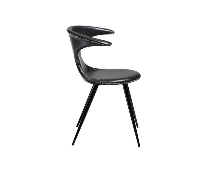 The Drake Dining Chair is a modern Danish-inspired piece in black, designed with a curved backrest and seat, slim angled metal legs, and a unique open-back silhouette. It is displayed against a plain white background.