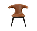 Drake Lounge Chair featuring a distinctive curved brown seat and black metal legs, captured against a plain white background to highlight its rustic industrial style.