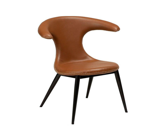 Drake Lounge Chair with brown faux leather upholstery and a curved backrest, featuring black tapered legs and visible stitching along the edges for a rustic industrial touch.