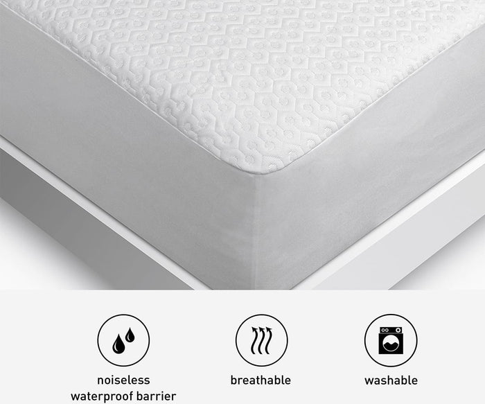 The Dri-Tec Mattress Protector, shown on a quilted bed, features icons highlighting its noiseless waterproof barrier, moisture-wicking and breathable fabric, and easy-care washable design.