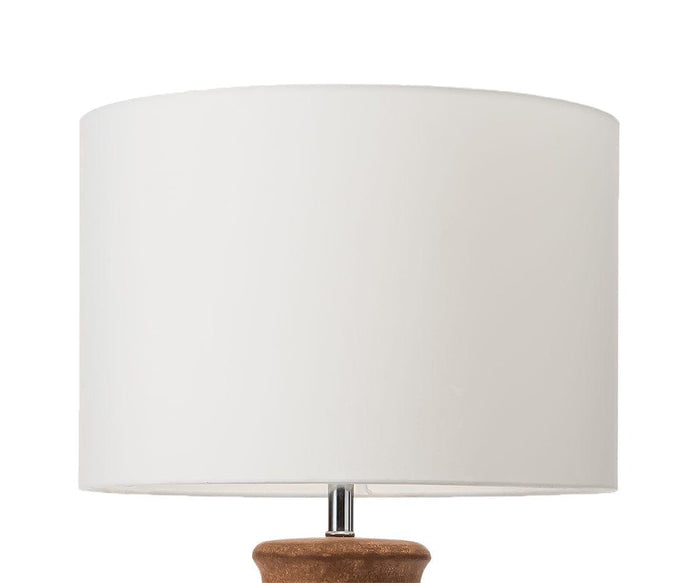 A close-up of the Earthy Luster Lamp, featuring a large, plain white cylindrical lampshade and a small portion of its matte-finished base, set against a white background.