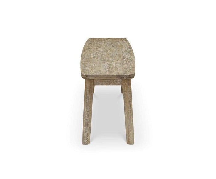 The Eckler Bench, crafted from solid acacia wood, features a rectangular seat and four simple, straight legs and is shown from the front against a white background.