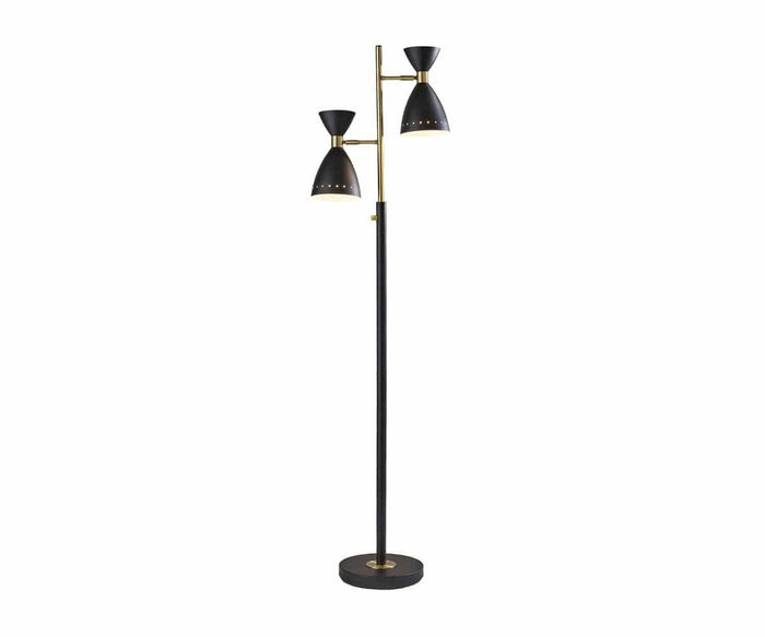 Modern and stylish, the Eden 2-Light Floor Lamp showcases a black base and pole with two cone-shaped lampshades in black, each accented with brass and positioned at different heights. Inspired by mid-century modern design, this adjustable floor lamp blends elegance and functionality for any contemporary interior.