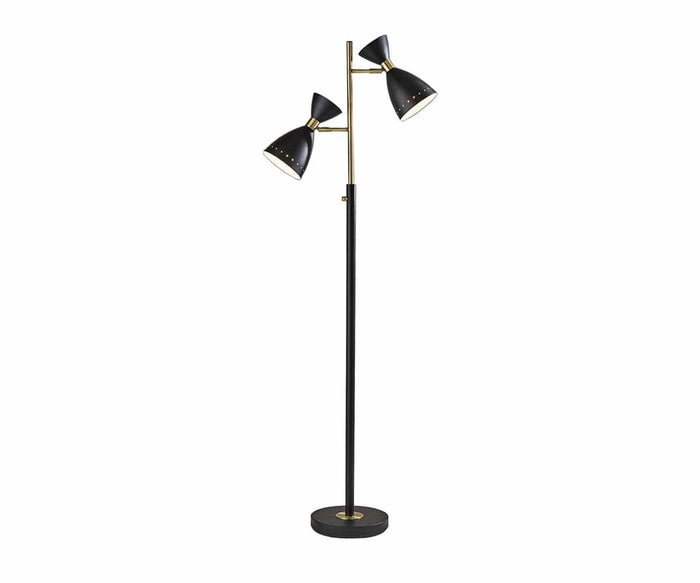 Elevate your space with the Eden 2-Light Floor Lamp, a modern black and gold lamp that features two adjustable cone-shaped shades on a slim vertical stand with a round base, bringing mid-century modern style to any room.