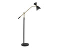 The Eden Floor Lamp in Black/Brass features a round base, slender pole, angled arm, and cone-shaped shade—a stylish adjustable floor lamp inspired by mid-century modern design, ideal for task or reading lighting.