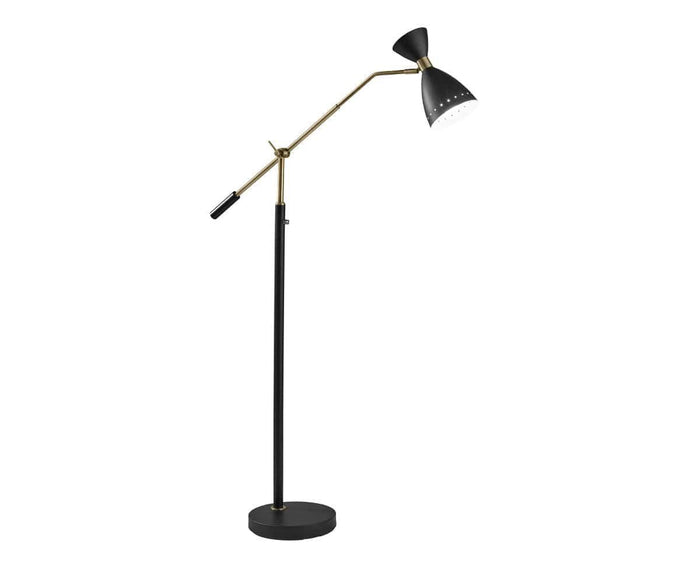 The Eden Floor Lamp in Black/Brass features a round base, slender pole, angled arm, and cone-shaped shade—a stylish adjustable floor lamp inspired by mid-century modern design, ideal for task or reading lighting.