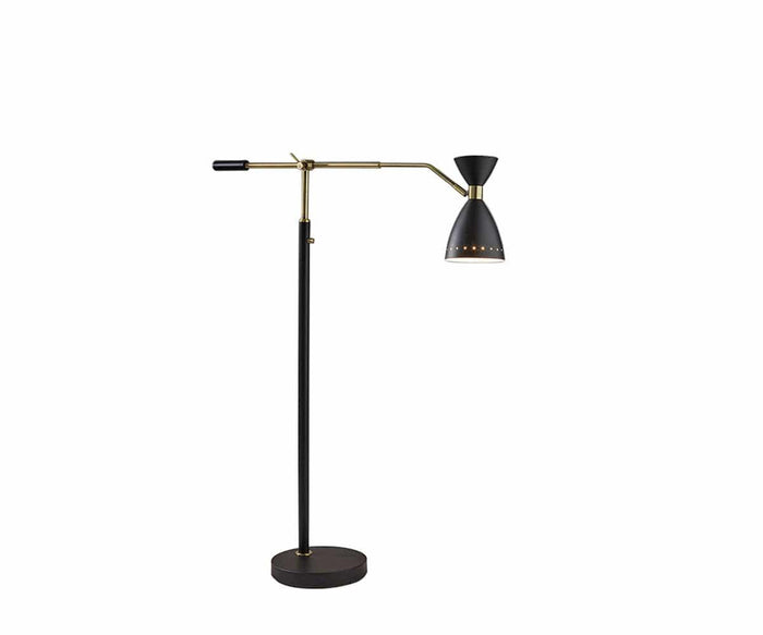 The Eden Floor Lamp is a modern black and brass adjustable floor lamp featuring an adjustable arm, a cone-shaped shade, and a round base, showcased against a white background to reflect its quintessential mid-century modern style.