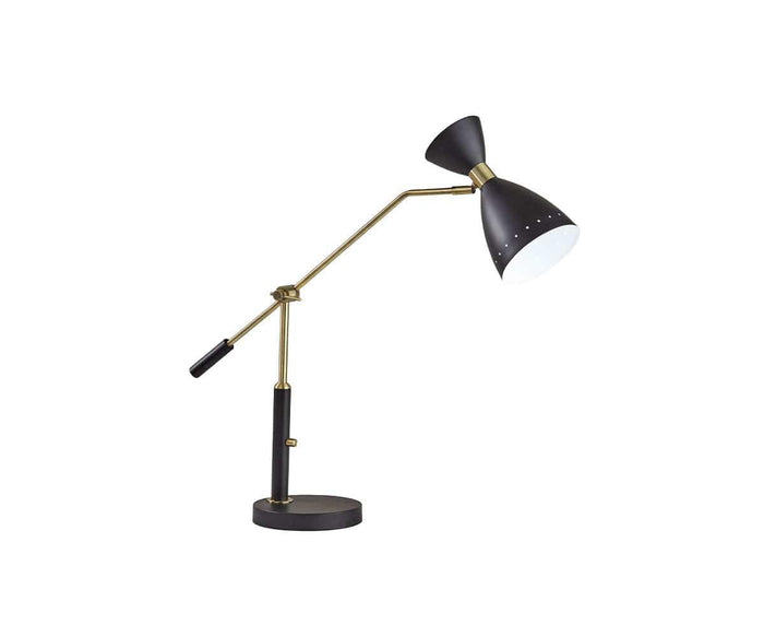 A sleek Eden Task Lamp in Black/Brass features a cone-shaped shade, an angled arm, and a round base, displayed against a plain white background. This stylish lamp effortlessly combines contemporary design with practical functionality for any modern workspace.