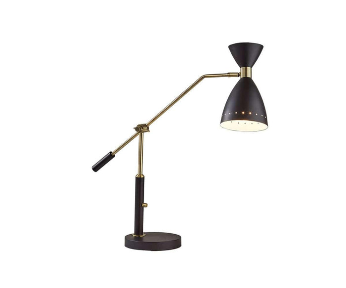 The Eden Task Lamp features a modern adjustable design with a black and gold finish, a conical shade, and a round base, displayed against a white background.