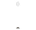 The Egg Floor Lamp showcases a slender silver pole with a circular base and is topped by a white sculpted lampshade, all set against a plain white background. This modern lamp is an ideal lighting solution for contemporary living spaces.