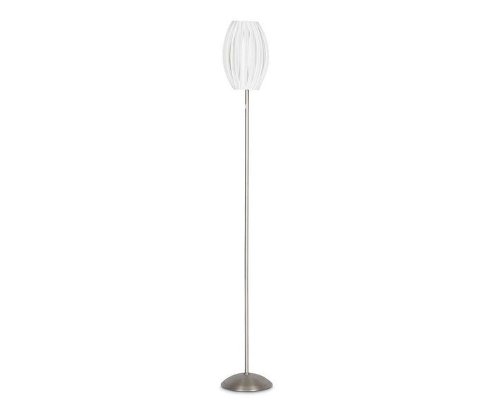 The Egg Floor Lamp showcases a slender silver pole with a circular base and is topped by a white sculpted lampshade, all set against a plain white background. This modern lamp is an ideal lighting solution for contemporary living spaces.