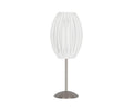 Egg Table Lamp showcasing a white, oval-shaped pleated shade and a sleek satin steel base with a round platform, displayed against a plain white background.