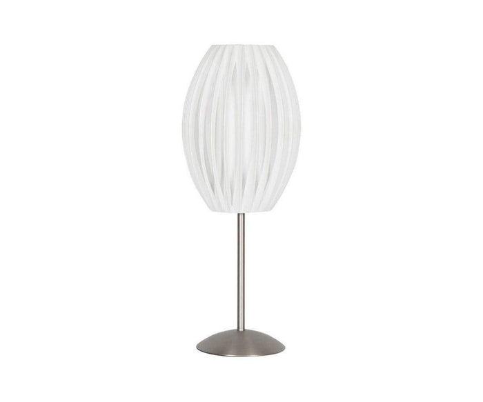 Egg Table Lamp showcasing a white, oval-shaped pleated shade and a sleek satin steel base with a round platform, displayed against a plain white background.