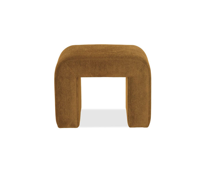 The Eilir Half Bench is a small, modern ottoman with a rectangular shape and rounded edges, upholstered in F07 Yellow fabric. Featuring an archway-style opening between the legs, this versatile piece offers extra seating while adding contemporary flair to any space. It is displayed on a white background.