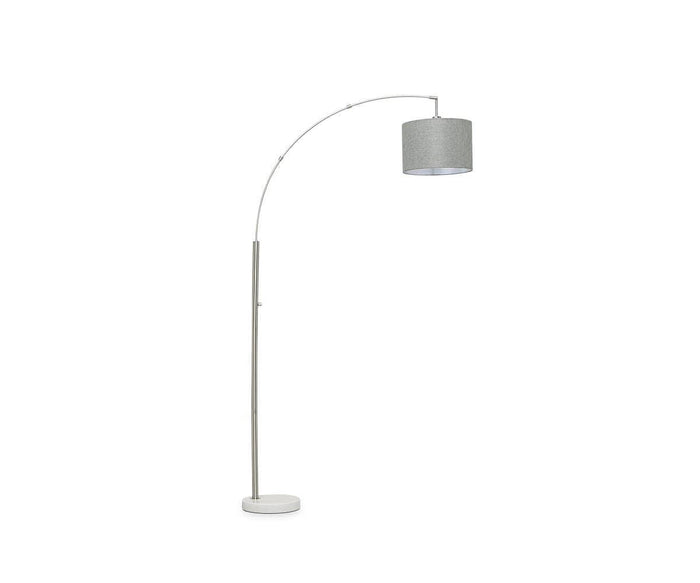 The Elegans Floor Lamp showcases a contemporary design with a steel-hued arching frame and a round lampshade, all supported by a robust marble base.