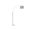 The Elegans Floor Lamp showcases a contemporary design with a steel-hued arching frame and a round lampshade, all supported by a robust marble base.
