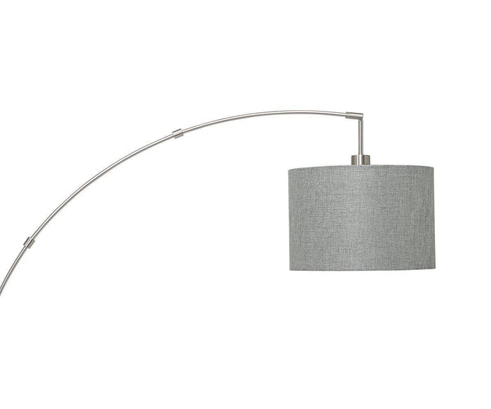 The Elegans Floor Lamp showcases a sleek, arching stainless steel frame paired with a curved metal arm and a cylindrical gray fabric lampshade, all supported by a durable marble base and displayed against a plain white background.