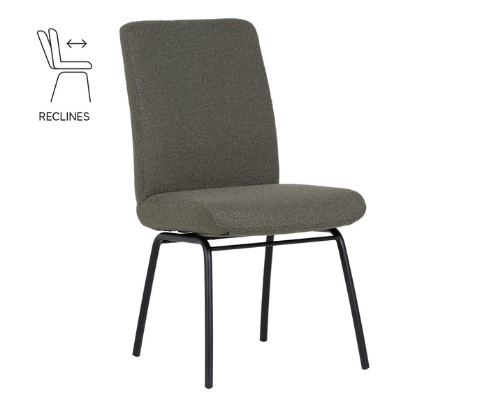 A green Elyse 1000 Dining Chair with black metal legs is shown. An icon on the left indicates that the chair back reclines, offering enhanced lumbar support.