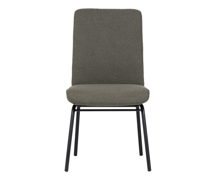 The Elyse 1000 Dining Chair features a tall, textured gray upholstered back and seat with integrated lumbar support, set on four slender black metal legs and photographed against a white background.