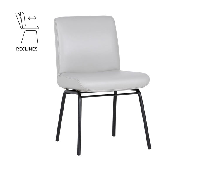 Light gray Elyse 1000 Dining Chair with black metal legs. A diagram to the left indicates that the chair backrest is adjustable, with arrows showing backward motion and the word RECLINES below the illustration. The Elyse 1000 features Smart Recline functionality and integrated lumbar support for optimal comfort.