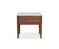 The Enna End Table showcases a modern design with a dual-toned white and walnut veneer finish, featuring a white rectangular top, straight slim legs, and a single drawer, set against a plain white background.